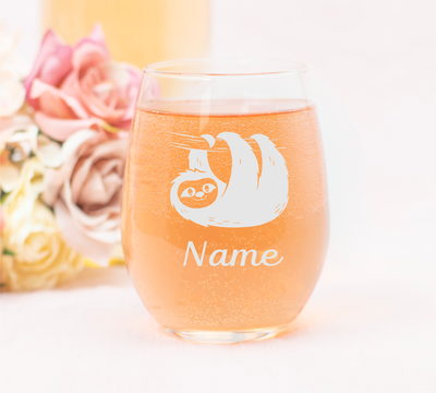 Sloth with Name 17 oz.  Custom Stemless Wine Glass - Personalized Sloth Themed Gift for Women and Men