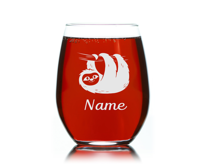 Sloth with Name 17 oz.  Custom Stemless Wine Glass - Personalized Sloth Themed Gift for Women and Men