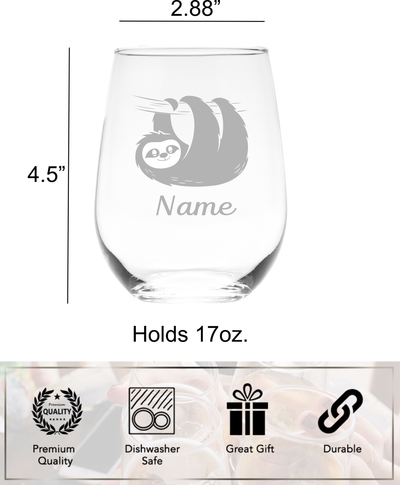 Sloth with Name 17 oz.  Custom Stemless Wine Glass - Personalized Sloth Themed Gift for Women and Men
