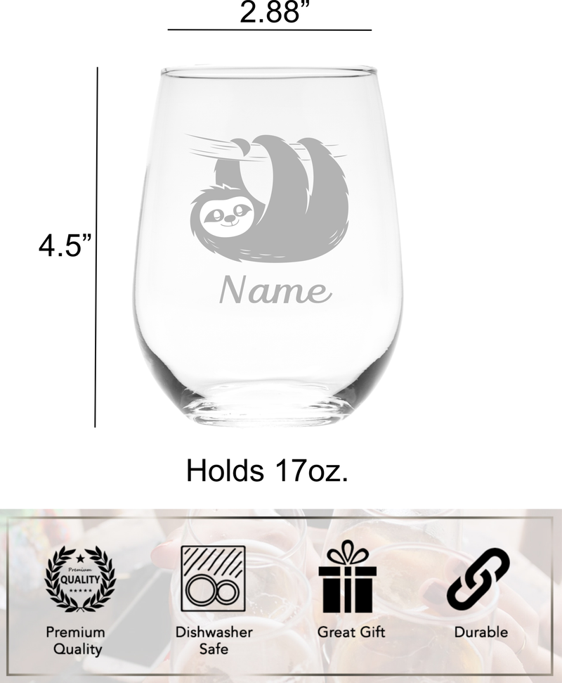 Sloth with Name 17 oz.  Custom Stemless Wine Glass - Personalized Sloth Themed Gift for Women and Men