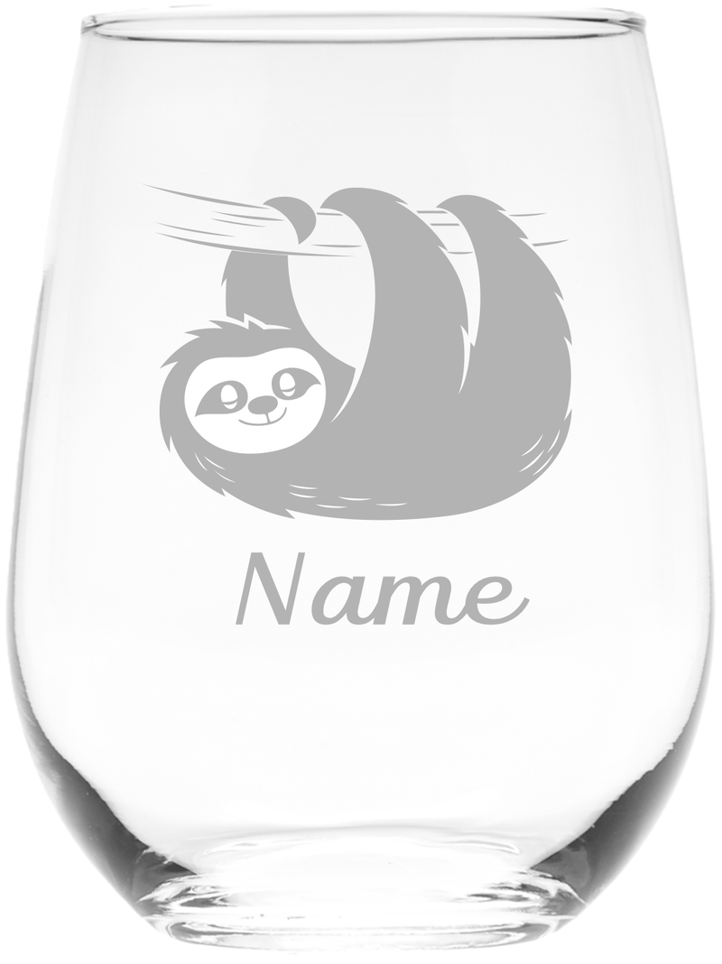 Sloth with Name 17 oz.  Custom Stemless Wine Glass - Personalized Sloth Themed Gift for Women and Men