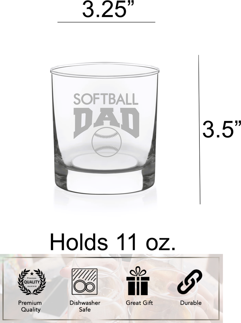 Softball Dad Whiskey Rocks Glass - Softball Dad Themed Gift for Men - 11 oz.