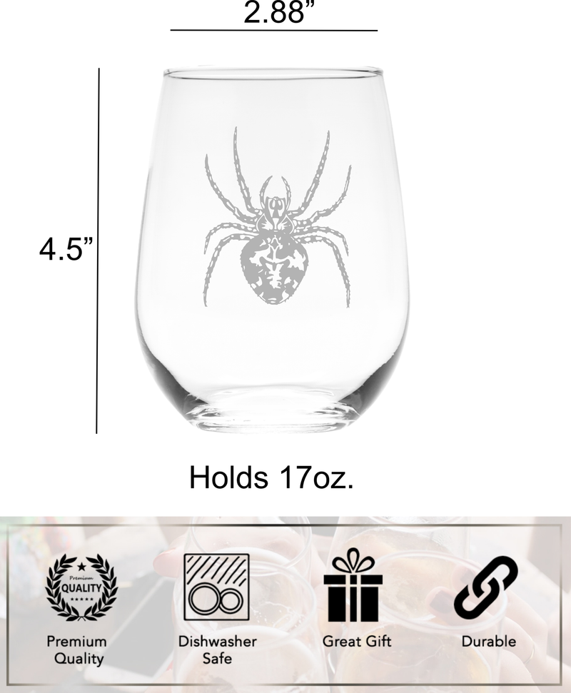 Spider Stemless Wine Glass - Spider Themed Gifts for Men and Women - 17 oz. (Style S1)