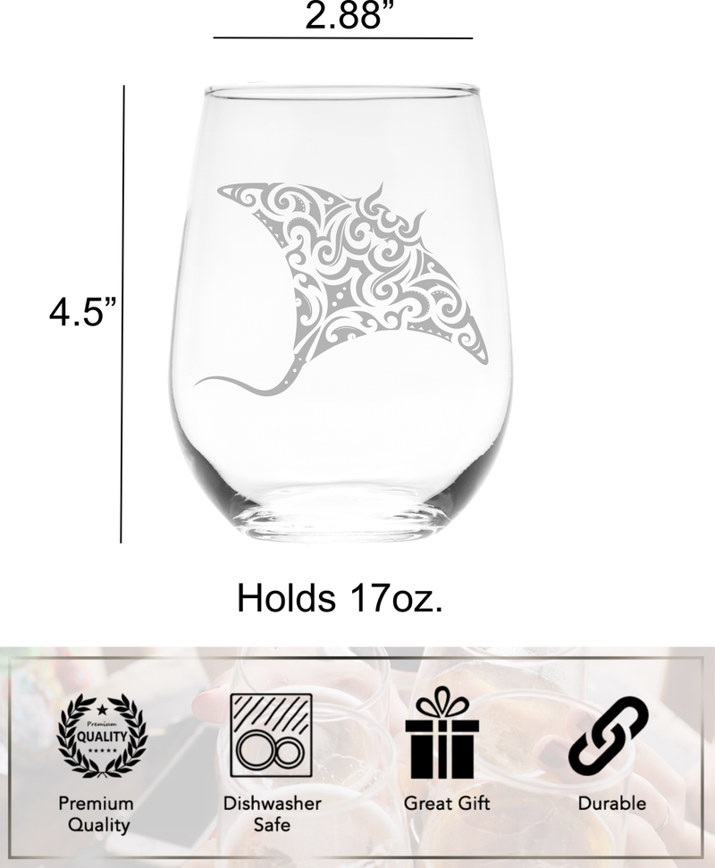 Stingray Stemless Wine Glass - Stingray Themed Gift for Men and Women -  17 oz.