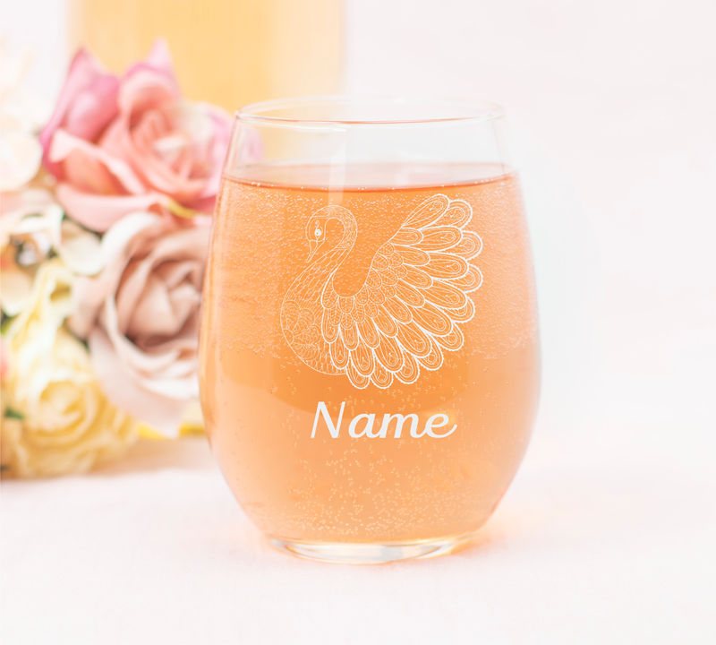 Swan with Name 17 oz.  Custom Stemless Wine Glass - Personalized Swan Themed Gift for Women and Men