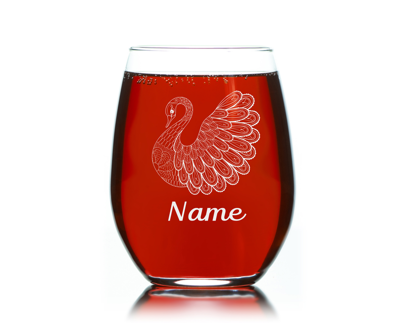 Swan with Name 17 oz.  Custom Stemless Wine Glass - Personalized Swan Themed Gift for Women and Men