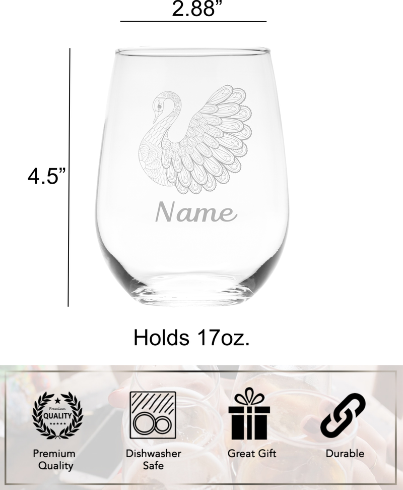 Swan with Name 17 oz.  Custom Stemless Wine Glass - Personalized Swan Themed Gift for Women and Men
