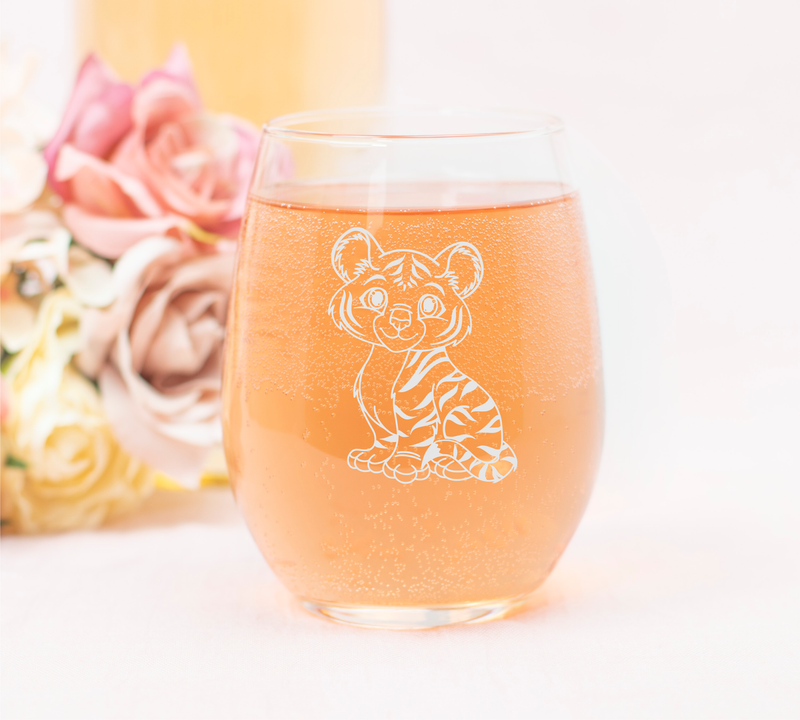 Tiger Stemless Wine Glass - Tiger Themed Gift for Women and Men - 17 oz. (Style T2)