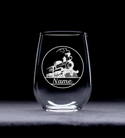 Train Design with Name, 17 oz. Custom Stemless Wine Glass - Personalized Train Themed Gift for Women and Men