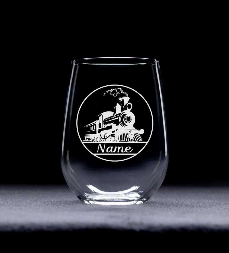 Train Design with Name, 17 oz. Custom Stemless Wine Glass - Personalized Train Themed Gift for Women and Men