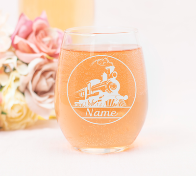 Train Design with Name, 17 oz. Custom Stemless Wine Glass - Personalized Train Themed Gift for Women and Men
