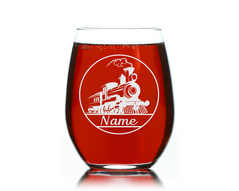 Train Design with Name, 17 oz. Custom Stemless Wine Glass - Personalized Train Themed Gift for Women and Men