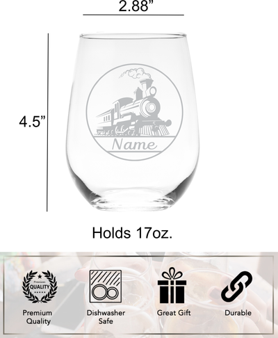 Train Design with Name, 17 oz. Custom Stemless Wine Glass - Personalized Train Themed Gift for Women and Men