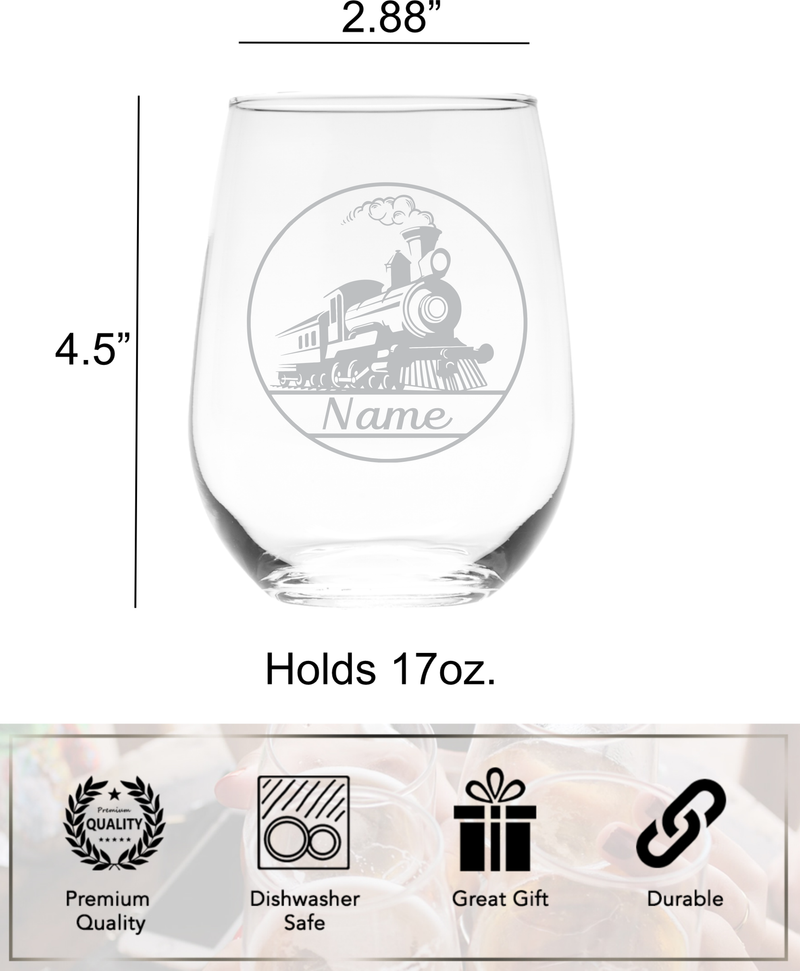 Train Design with Name, 17 oz. Custom Stemless Wine Glass - Personalized Train Themed Gift for Women and Men