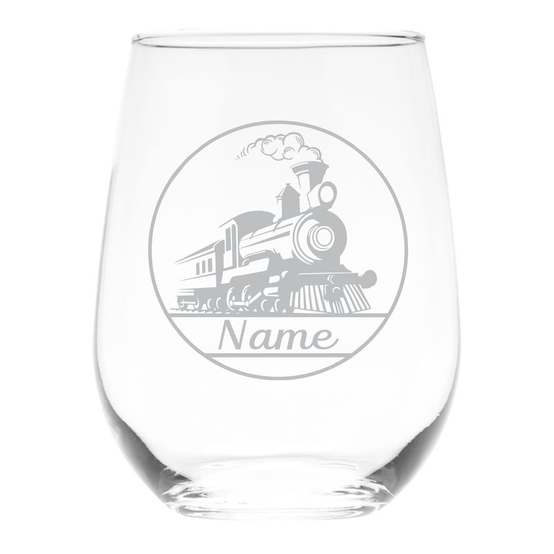 Train Design with Name, 17 oz. Custom Stemless Wine Glass - Personalized Train Themed Gift for Women and Men