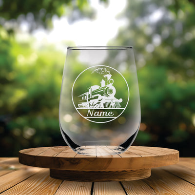 Train Design with Name, 17 oz. Custom Stemless Wine Glass - Personalized Train Themed Gift for Women and Men