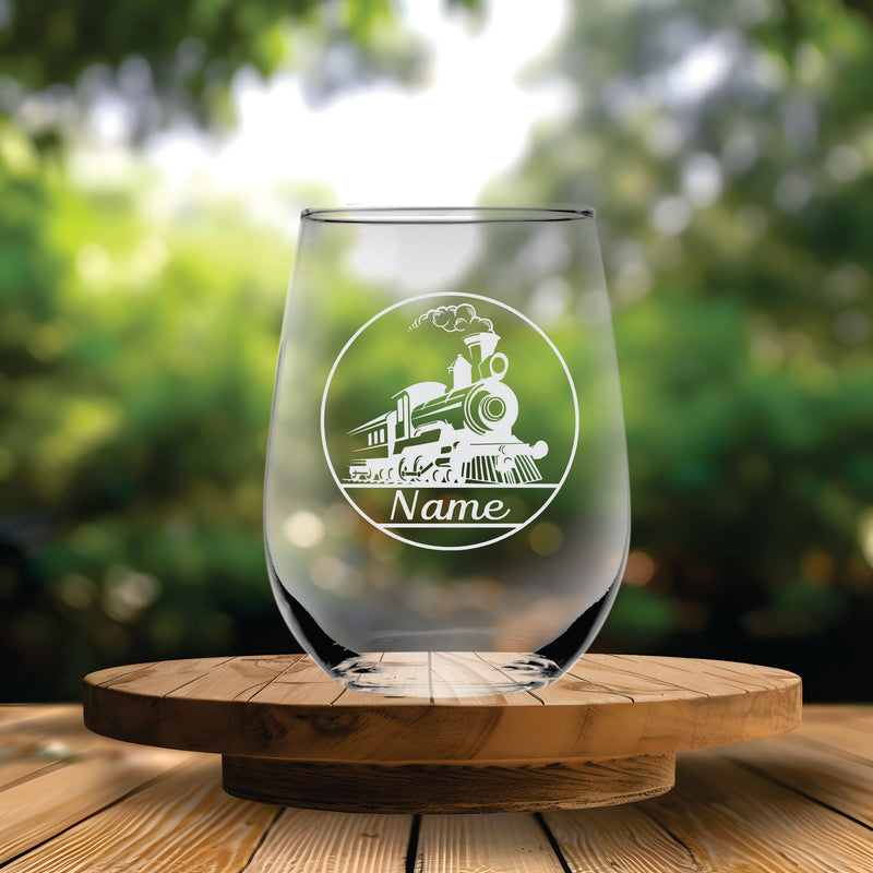 Train Design with Name, 17 oz. Custom Stemless Wine Glass - Personalized Train Themed Gift for Women and Men