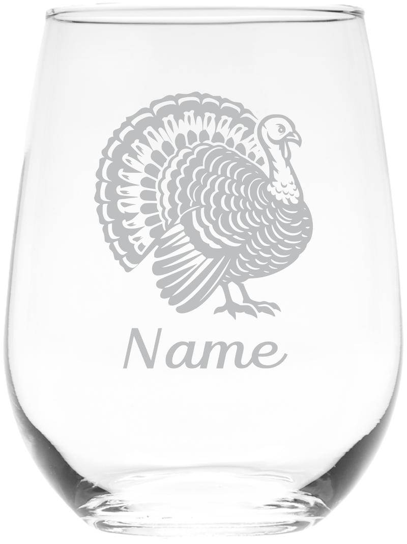 Turkey with Name 17 oz.  Custom Stemless Wine Glass - Personalized Turkey Lover Themed Gift for Women and Men