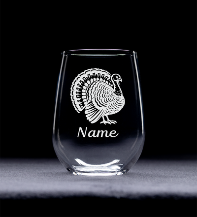 Turkey with Name 17 oz.  Custom Stemless Wine Glass - Personalized Turkey Lover Themed Gift for Women and Men