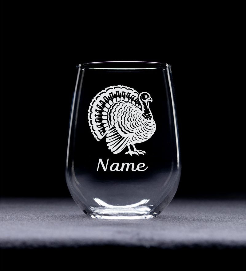 Turkey with Name 17 oz.  Custom Stemless Wine Glass - Personalized Turkey Lover Themed Gift for Women and Men