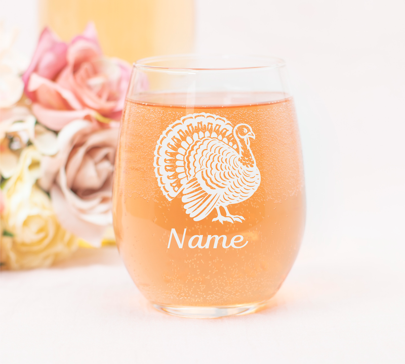 Turkey with Name 17 oz.  Custom Stemless Wine Glass - Personalized Turkey Lover Themed Gift for Women and Men
