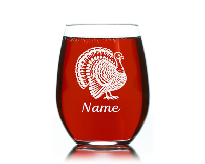 Turkey with Name 17 oz.  Custom Stemless Wine Glass - Personalized Turkey Lover Themed Gift for Women and Men