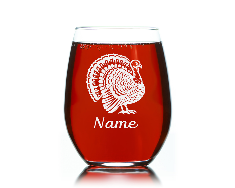 Turkey with Name 17 oz.  Custom Stemless Wine Glass - Personalized Turkey Lover Themed Gift for Women and Men