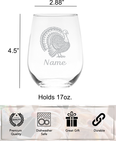 Turkey with Name 17 oz.  Custom Stemless Wine Glass - Personalized Turkey Lover Themed Gift for Women and Men
