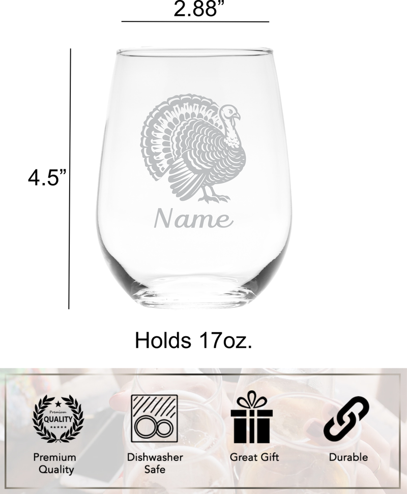 Turkey with Name 17 oz.  Custom Stemless Wine Glass - Personalized Turkey Lover Themed Gift for Women and Men