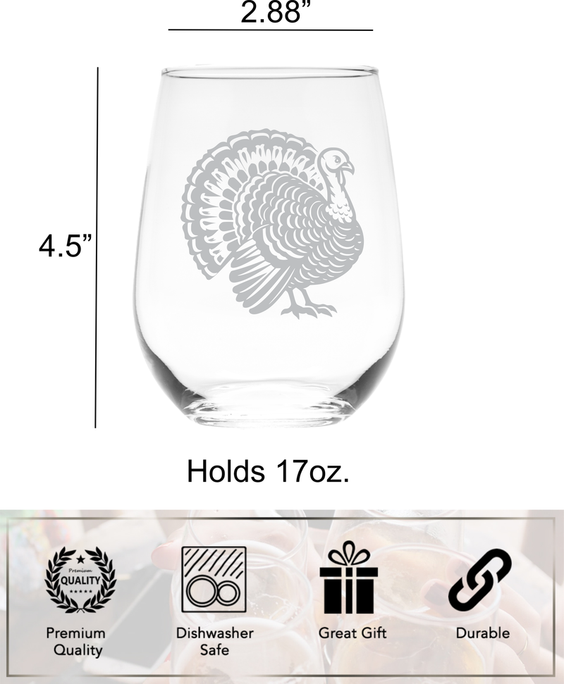 Turkey Stemless Wine Glass - Turkey Themed Gift for Women and Men - 17 oz.