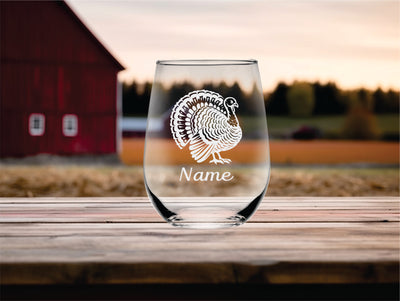 Turkey with Name 17 oz.  Custom Stemless Wine Glass - Personalized Turkey Lover Themed Gift for Women and Men