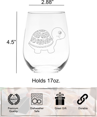 Turtle Stemless Wine Glass Turtle Themed Gift for Women and Men - 17 oz.  (Style T2)