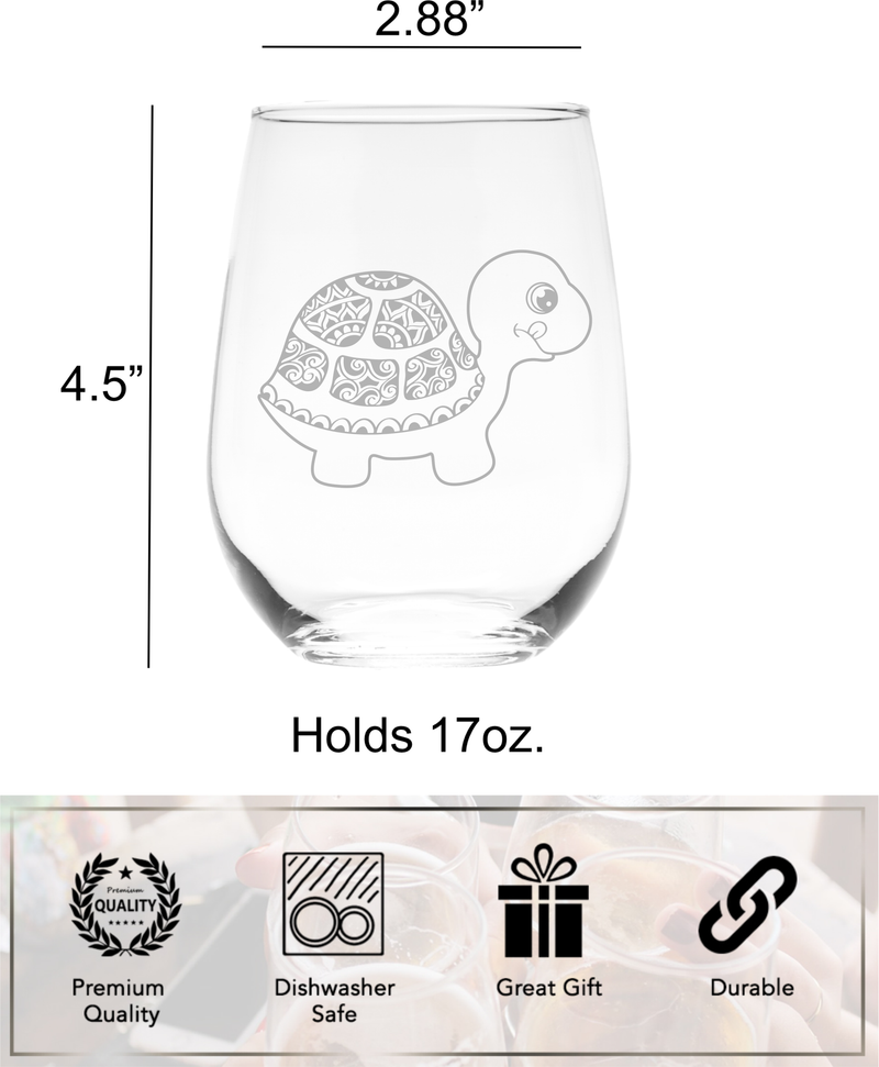Turtle Stemless Wine Glass Turtle Themed Gift for Women and Men - 17 oz.  (Style T2)