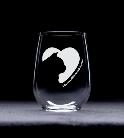 Cat Silhouette Heart Unconditional Love Stemless Wine Glass - Gift for Cat Lovers for Women and Men - 17 oz.