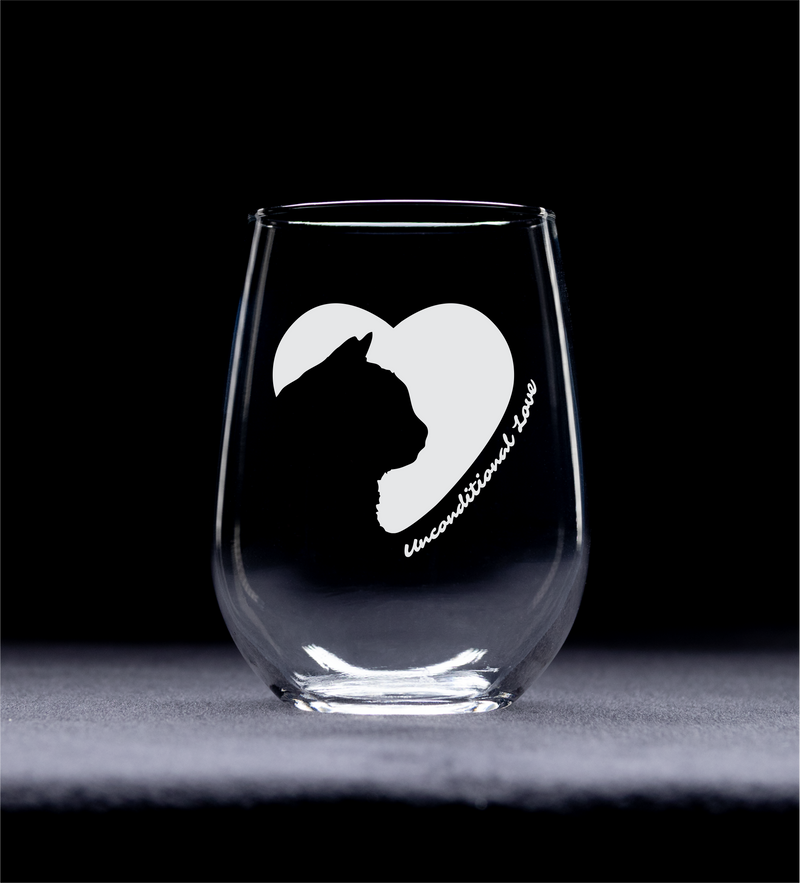 Cat Silhouette Heart Unconditional Love Stemless Wine Glass - Gift for Cat Lovers for Women and Men - 17 oz.