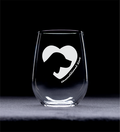 Dog Silhouette Heart Unconditional Love Stemless Wine Glass - Gift for Dog Lovers for Women and Men
