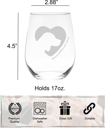 Dog Silhouette Heart Unconditional Love Stemless Wine Glass - Gift for Dog Lovers for Women and Men