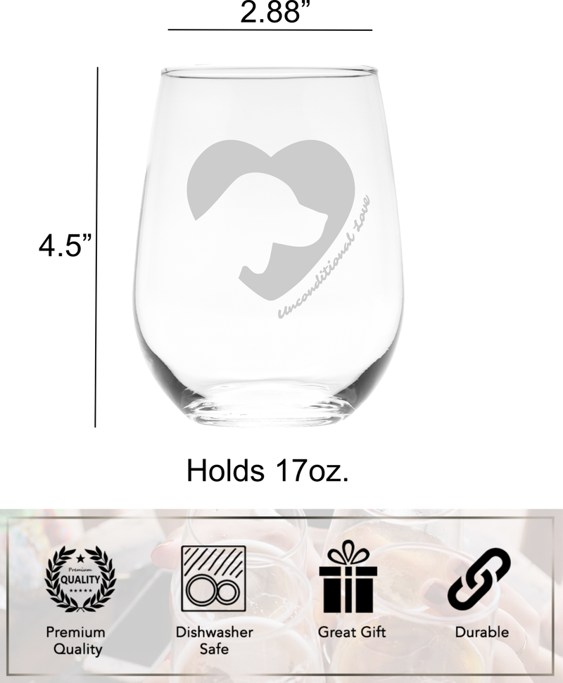 Dog Silhouette Heart Unconditional Love Stemless Wine Glass - Gift for Dog Lovers for Women and Men
