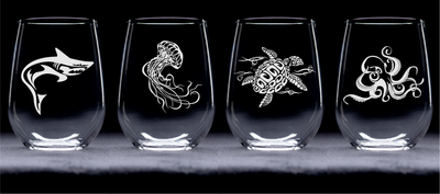 Under the Sea Stemless Wine Glass Set  - Shark, Jellyfish Sea Turtle, Octopus Themed Gift for Women and Men - 4 Pieces