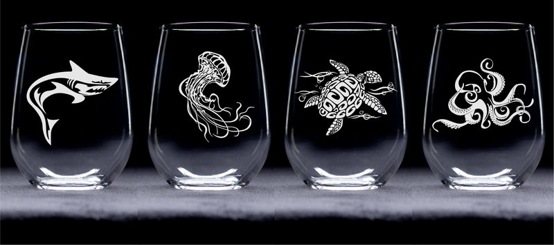 Under the Sea Stemless Wine Glass Set  - Shark, Jellyfish Sea Turtle, Octopus Themed Gift for Women and Men - 4 Pieces