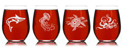 Under the Sea Stemless Wine Glass Set  - Shark, Jellyfish Sea Turtle, Octopus Themed Gift for Women and Men - 4 Pieces
