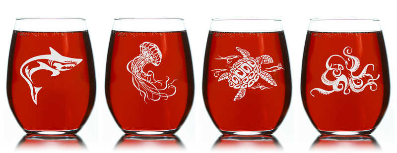 Under the Sea Stemless Wine Glass Set  - Shark, Jellyfish Sea Turtle, Octopus Themed Gift for Women and Men - 4 Pieces