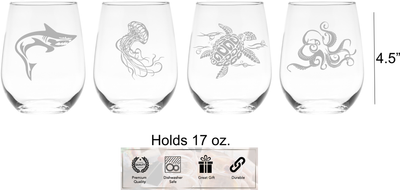 Under the Sea Stemless Wine Glass Set  - Shark, Jellyfish Sea Turtle, Octopus Themed Gift for Women and Men - 4 Pieces