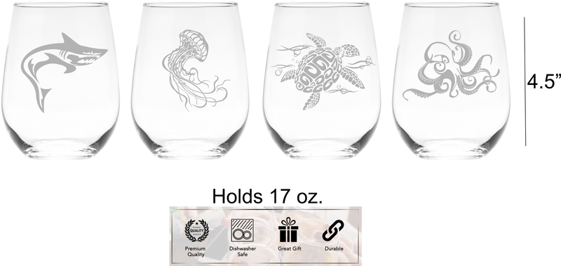 Under the Sea Stemless Wine Glass Set  - Shark, Jellyfish Sea Turtle, Octopus Themed Gift for Women and Men - 4 Pieces