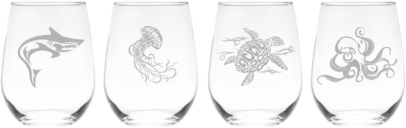 Under the Sea Stemless Wine Glass Set  - Shark, Jellyfish Sea Turtle, Octopus Themed Gift for Women and Men - 4 Pieces