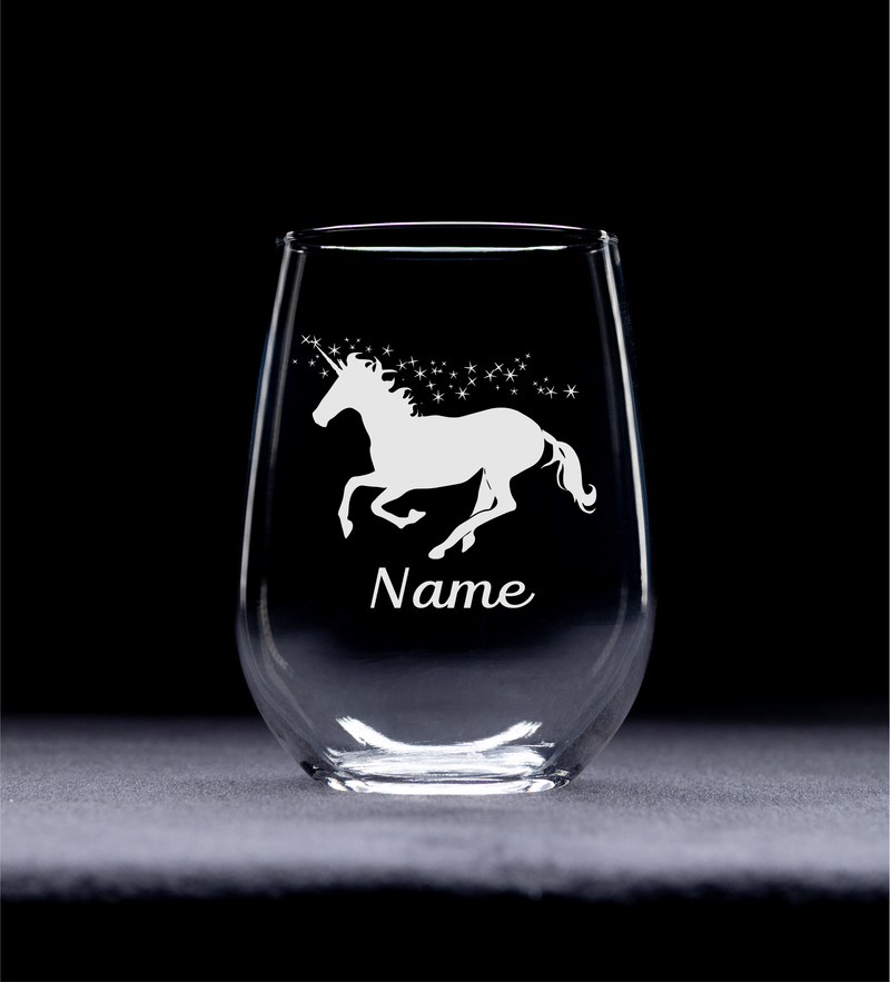 Unicorn with Name 17 oz.  Custom Stemless Wine Glass - Personalized Unicorn Themed Gift for Women and Men