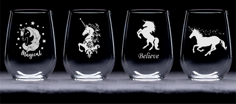 Unicorn Stemless Wine Glass Set – Unicorn Themed Gift for Women and Men – 4 Pieces