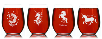Unicorn Stemless Wine Glass Set – Unicorn Themed Gift for Women and Men – 4 Pieces