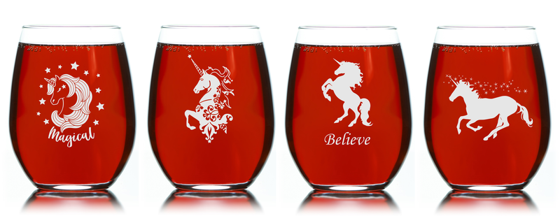 Unicorn Stemless Wine Glass Set – Unicorn Themed Gift for Women and Men – 4 Pieces