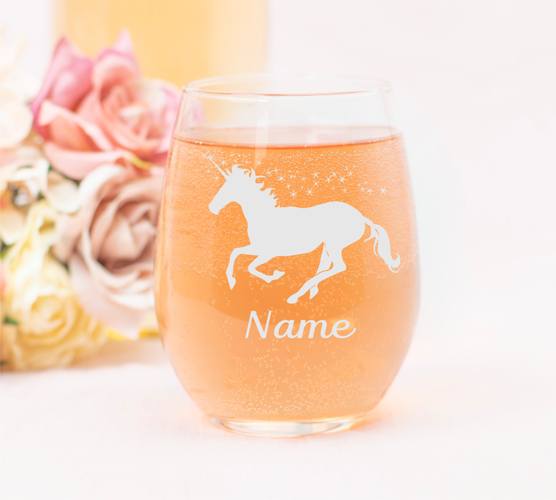 Unicorn with Name 17 oz.  Custom Stemless Wine Glass - Personalized Unicorn Themed Gift for Women and Men
